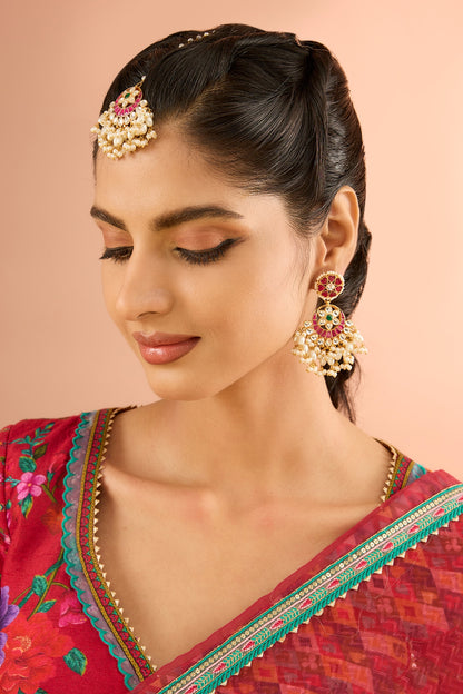 Gold Plated Jadau Kundan Polki Dangler Earrings With Maangtikka
