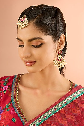 Gold Plated Jadau Kundan Polki Dangler Earrings With Maangtikka