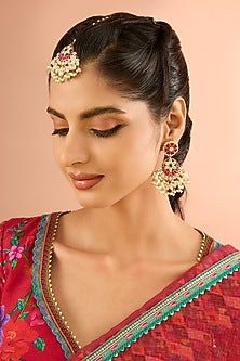 Gold Plated Jadau Kundan Polki Dangler Earrings With Maangtikka