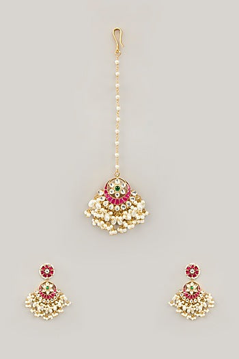 Gold Plated Jadau Kundan Polki Dangler Earrings With Maangtikka