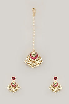 Gold Plated Jadau Kundan Polki Dangler Earrings With Maangtikka