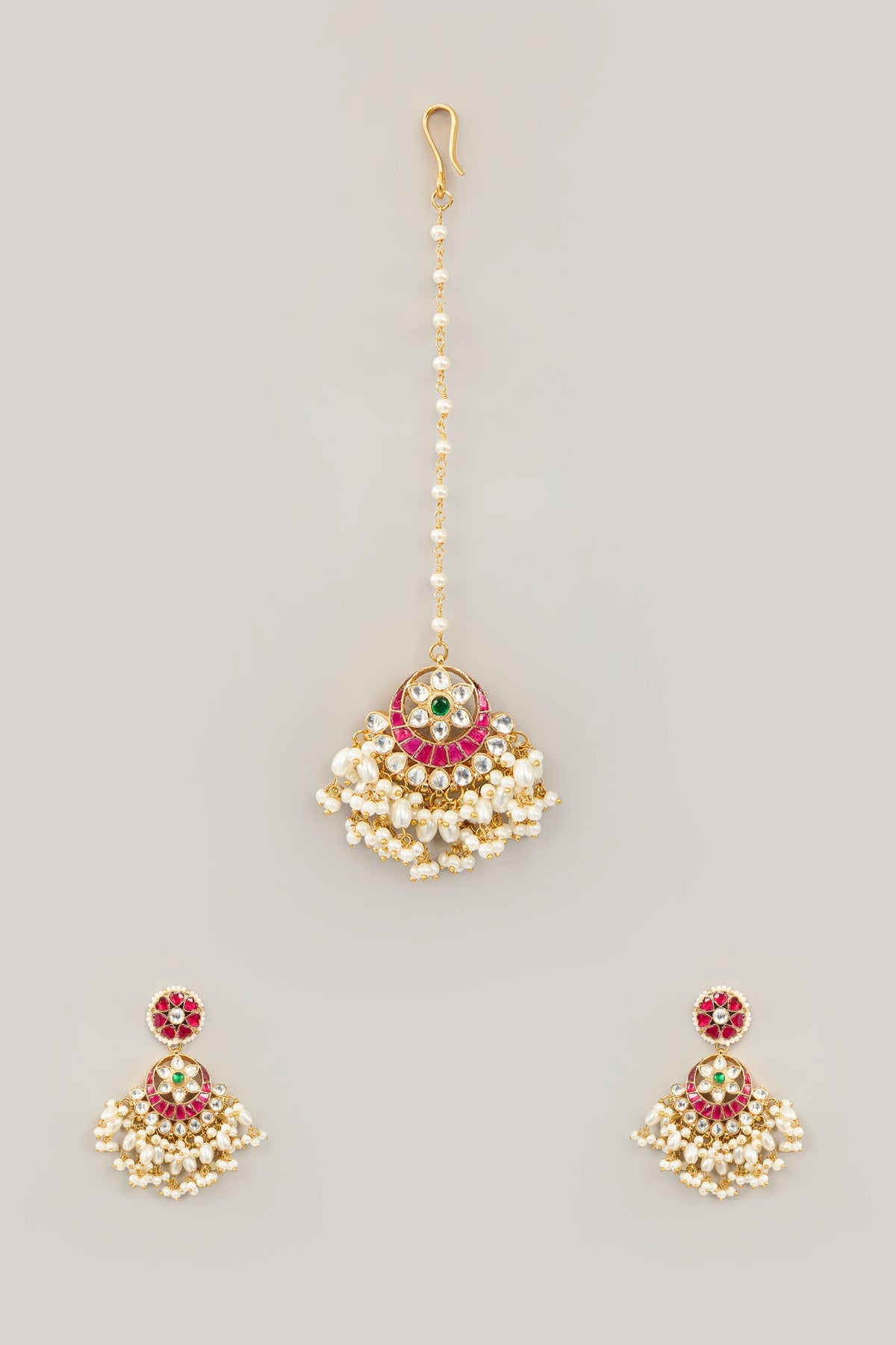 Gold Plated Jadau Kundan Polki Dangler Earrings With Maangtikka