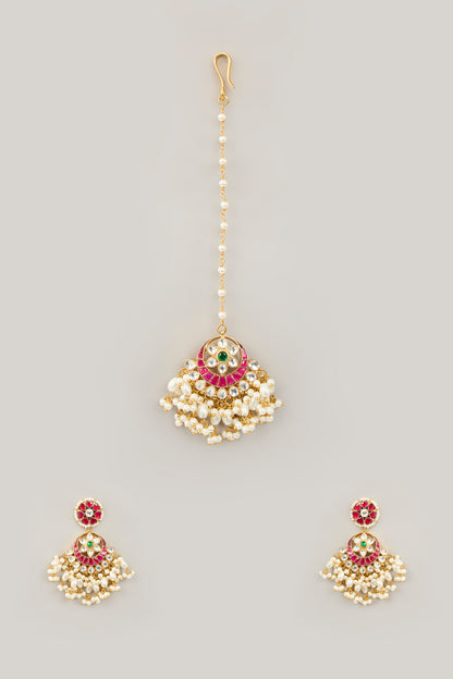Gold Plated Jadau Kundan Polki Dangler Earrings With Maangtikka
