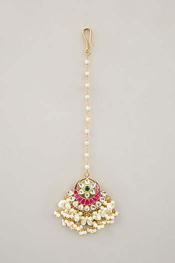 Gold Plated Jadau Kundan Polki Dangler Earrings With Maangtikka