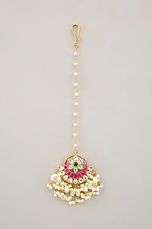 Gold Plated Jadau Kundan Polki Dangler Earrings With Maangtikka