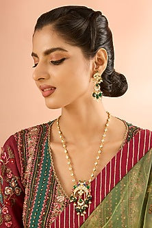 Gold Plated Jadau Kundan Polki Long Pendant Necklace Set