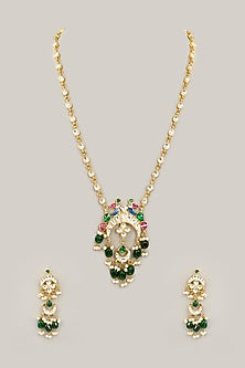 Gold Plated Jadau Kundan Polki Long Pendant Necklace Set