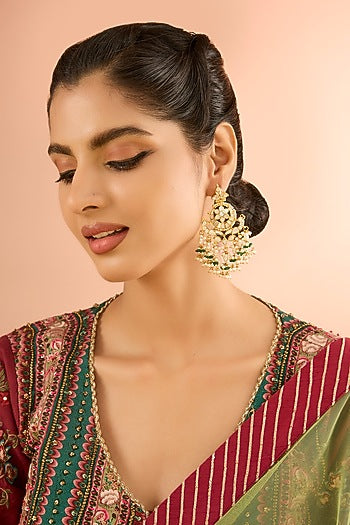 Gold Plated Jadau Mother Of Pearl & Natural Gemstone Dangler Earrings