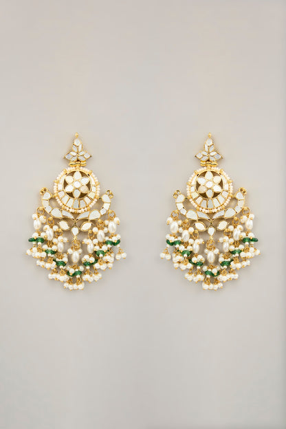 Gold Plated Jadau Mother Of Pearl & Natural Gemstone Dangler Earrings