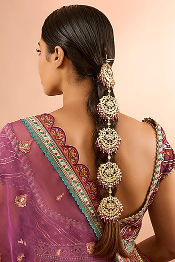 Gold Plated Jadau Kundan Polki & Natural Gemstone Hair Braid