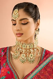 Gold Plated Jadau Kundan Polki & Natural Gemstone Necklace Set