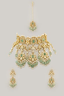 Gold Plated Jadau Kundan Polki & Natural Gemstone Necklace Set