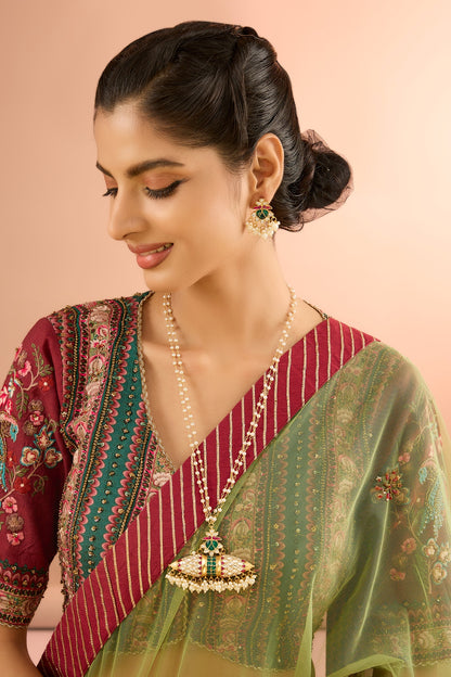 Gold Plated Jadau Kundan Polki & Natural Semi-precious Stone Long Necklace Set