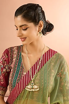 Gold Plated Jadau Kundan Polki & Natural Semi-precious Stone Long Necklace Set