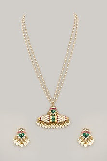 Gold Plated Jadau Kundan Polki & Natural Semi-precious Stone Long Necklace Set