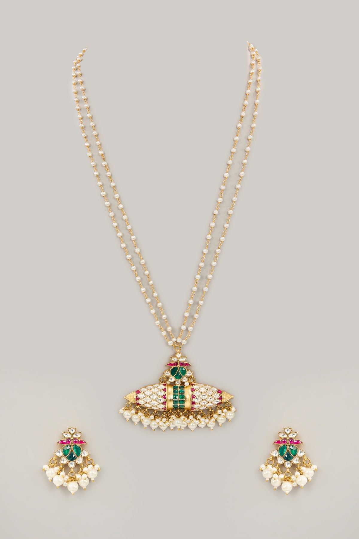 Gold Plated Jadau Kundan Polki & Natural Semi-precious Stone Long Necklace Set