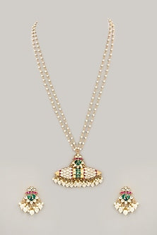 Gold Plated Jadau Kundan Polki & Natural Semi-precious Stone Long Necklace Set
