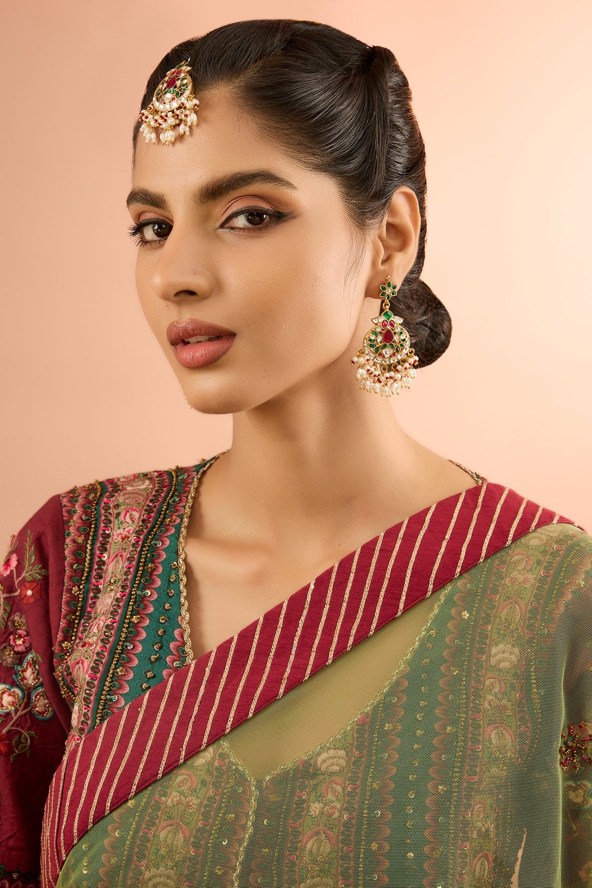 Gold Plated Jadau Kundan Polki & Natural Semi-precious Stone Dangler Earrings With Maangtikka