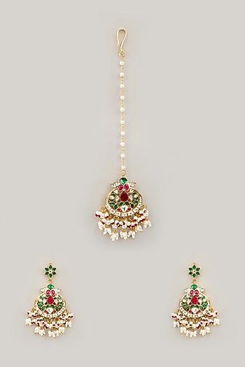 Gold Plated Jadau Kundan Polki & Natural Semi-precious Stone Dangler Earrings With Maangtikka