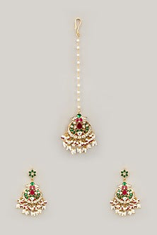 Gold Plated Jadau Kundan Polki & Natural Semi-precious Stone Dangler Earrings With Maangtikka