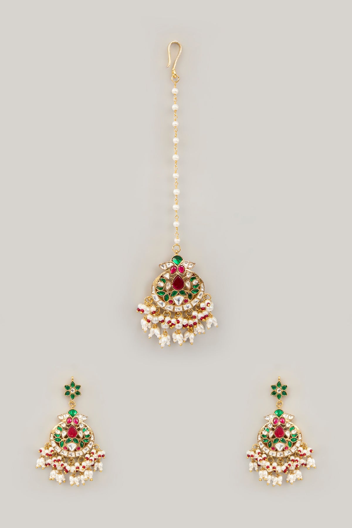Gold Plated Jadau Kundan Polki & Natural Semi-precious Stone Dangler Earrings With Maangtikka