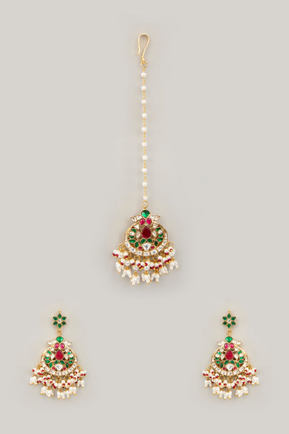Gold Plated Jadau Kundan Polki & Natural Semi-precious Stone Dangler Earrings With Maangtikka