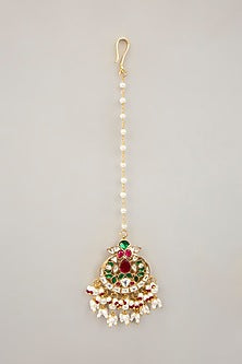 Gold Plated Jadau Kundan Polki & Natural Semi-precious Stone Dangler Earrings With Maangtikka