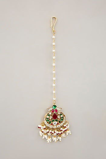 Gold Plated Jadau Kundan Polki & Natural Semi-precious Stone Dangler Earrings With Maangtikka