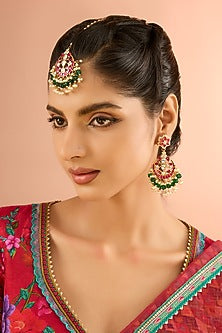 Gold Plated Jadau Kundan Polki & Natural Semi-precious Stone Dangler Earrings With Maangtikka