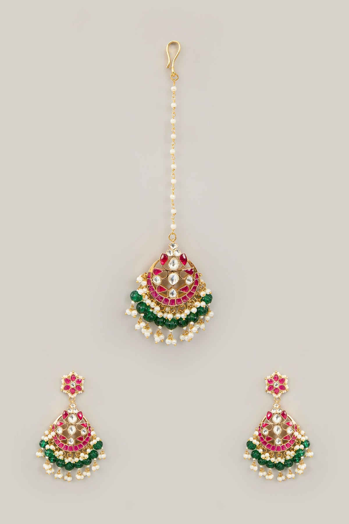 Gold Plated Jadau Kundan Polki & Natural Semi-precious Stone Dangler Earrings With Maangtikka