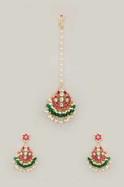 Gold Plated Jadau Kundan Polki & Natural Semi-precious Stone Dangler Earrings With Maangtikka