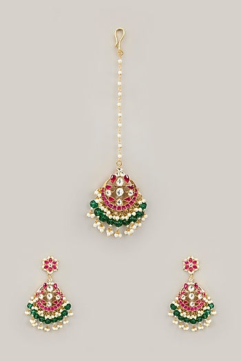 Gold Plated Jadau Kundan Polki & Natural Semi-precious Stone Dangler Earrings With Maangtikka