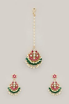 Gold Plated Jadau Kundan Polki & Natural Semi-precious Stone Dangler Earrings With Maangtikka