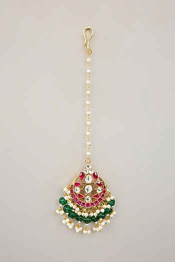 Gold Plated Jadau Kundan Polki & Natural Semi-precious Stone Dangler Earrings With Maangtikka