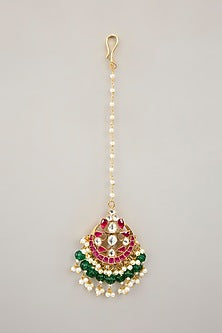 Gold Plated Jadau Kundan Polki & Natural Semi-precious Stone Dangler Earrings With Maangtikka