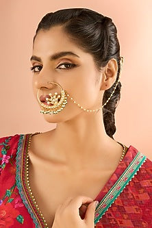 Gold Plated Jadau Kundan Polki & Natural Gemstone Nose Ring