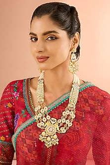 Gold Plated Jadau Kundan Polki & Natural Semi-precious Stone Long Necklace Set