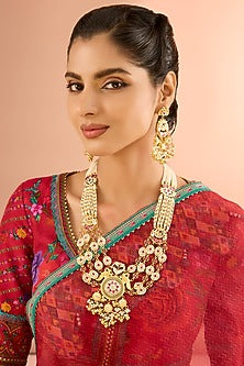 Gold Plated Jadau Kundan Polki & Natural Semi-precious Stone Long Necklace Set
