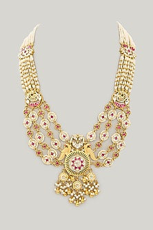 Gold Plated Jadau Kundan Polki & Natural Semi-precious Stone Long Necklace Set