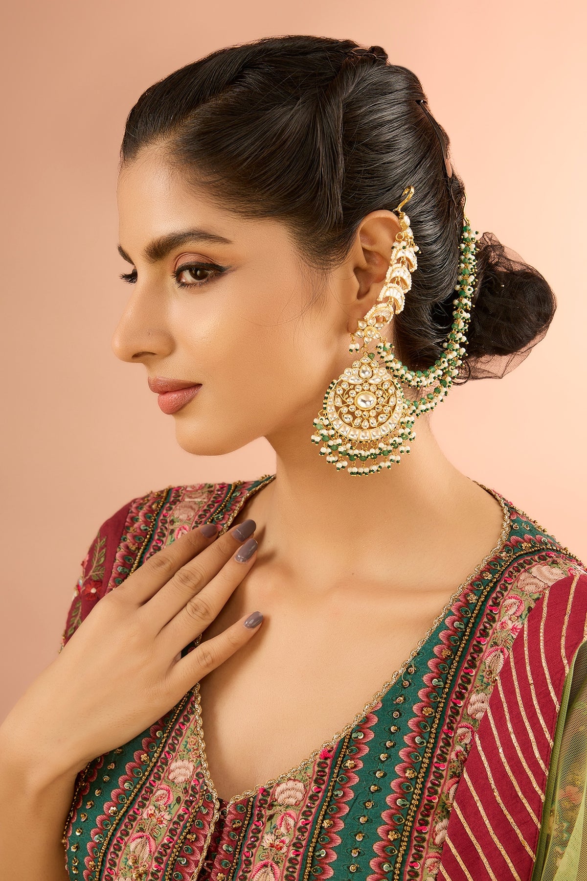 Gold Plated Jadau kundan Polki & Natural Gemstone Chandbali Earrings