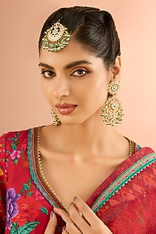 Gold Plated Jadau Kundan Polki & Natural Semi-precious Stone Dangler Earrings With Maangtikka