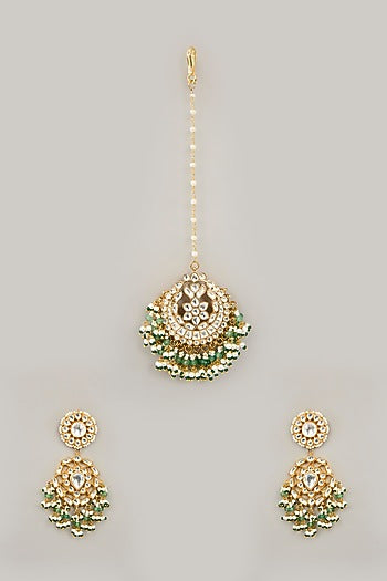 Gold Plated Jadau Kundan Polki & Natural Semi-precious Stone Dangler Earrings With Maangtikka