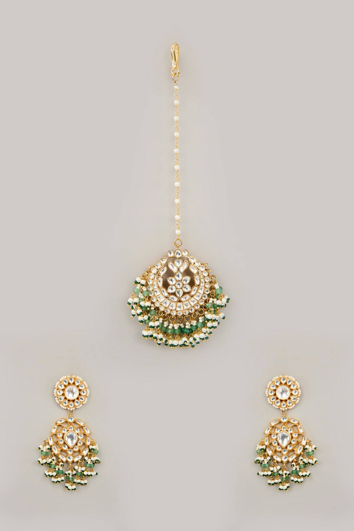 Gold Plated Jadau Kundan Polki & Natural Semi-precious Stone Dangler Earrings With Maangtikka