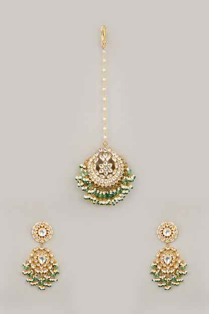 Gold Plated Jadau Kundan Polki & Natural Semi-precious Stone Dangler Earrings With Maangtikka