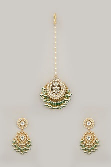 Gold Plated Jadau Kundan Polki & Natural Semi-precious Stone Dangler Earrings With Maangtikka