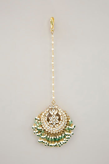 Gold Plated Jadau Kundan Polki & Natural Semi-precious Stone Dangler Earrings With Maangtikka
