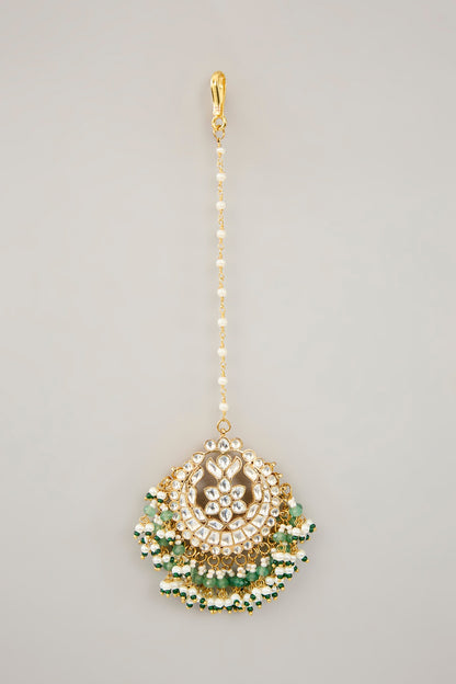 Gold Plated Jadau Kundan Polki & Natural Semi-precious Stone Dangler Earrings With Maangtikka