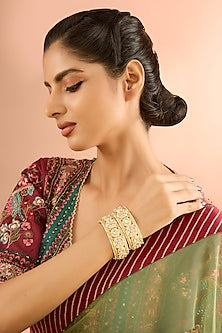 Gold Plated Jadau kundan Polki & Natural Gemstone Bangles (Set of 2)