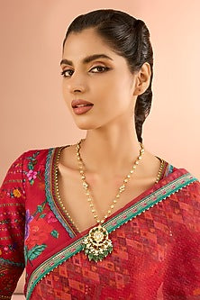 Gold Plated Jadau Kundan Polki & Natural Gemstone Long Pendant Necklace