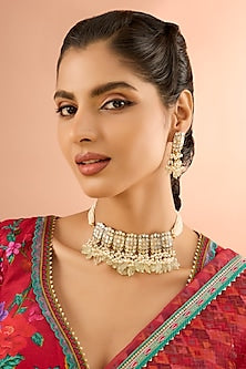 Gold Plated Jadau Kundan Polki & Natural Semi-precious Stone Choker Necklace Set